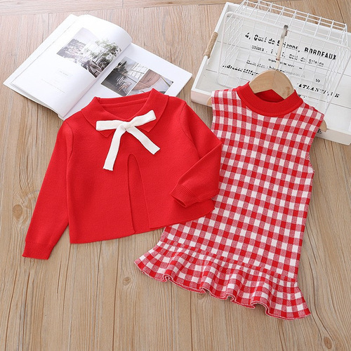Stylish Knitted Sleeveless Ruffle-Trim Dress for Girls, Two-Piece Trendy Knitted Set with Dress