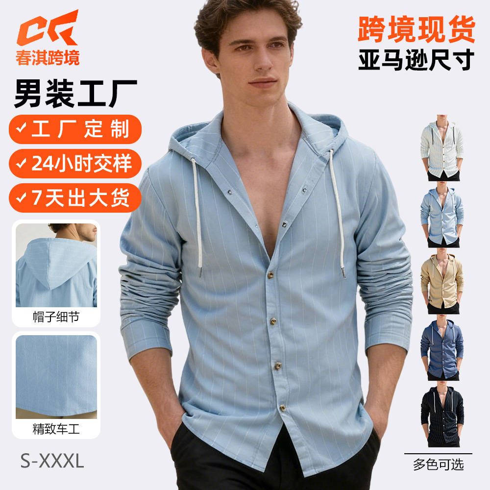 Cross-border otoño hombre a rayas verticales Casual camisa de manga larga con capuzas de lino cardigan de tendencia suelta camiseta de playa