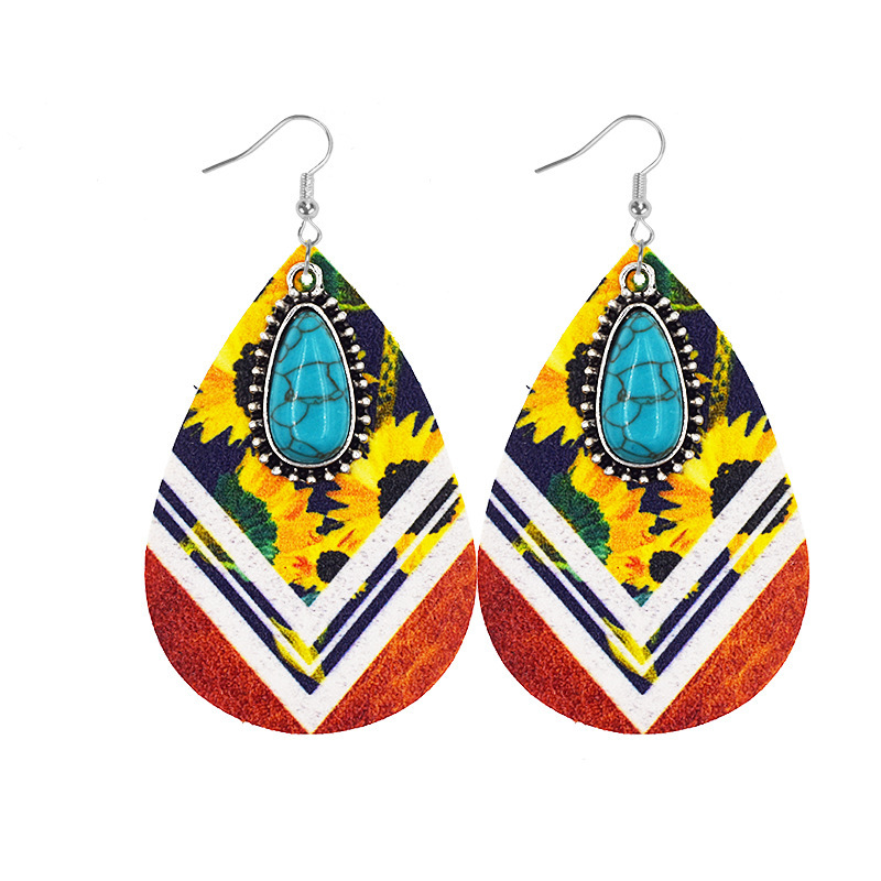 1 Pair Retro Sunflower Color Block Water Droplets Pu Leather Inlay Turquoise Women's Chandelier Earrings display picture 5