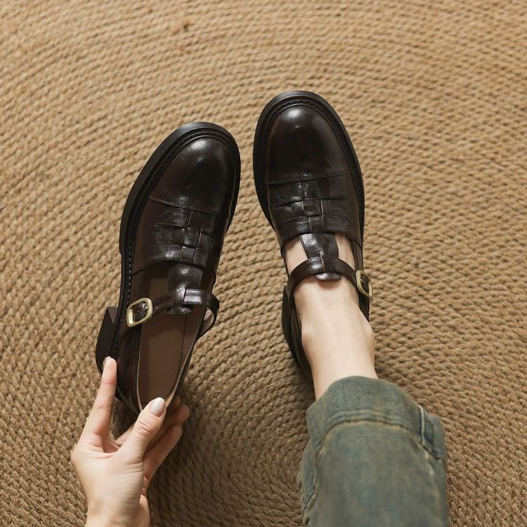 Французские ретро римские толстые каблуки вязаные T-образные пряжки с овечьей кожей на высоком каблуке Lefu обувь женская весна новая маленькая кожаная обувь