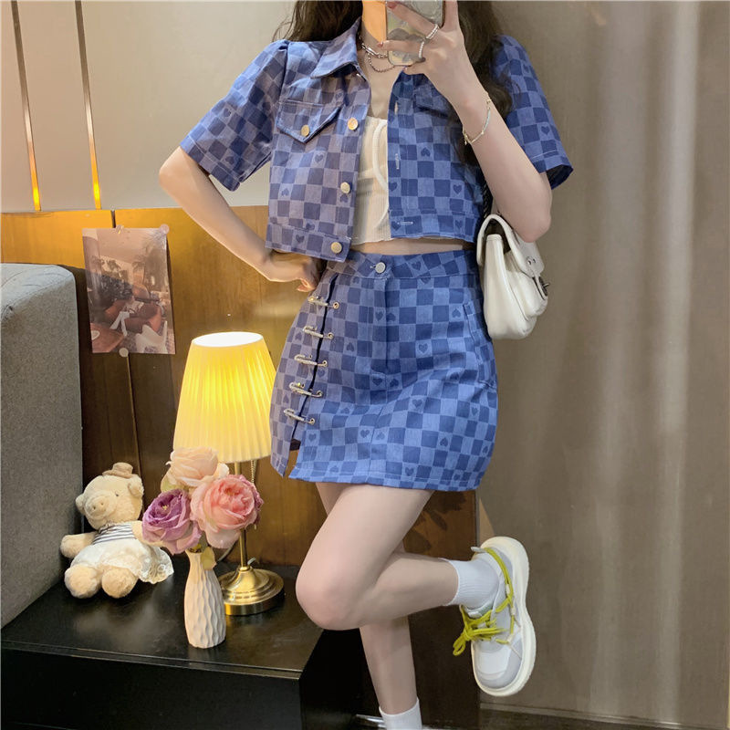 Tweed Style Suit for Women, Summer Wear, 2025 New Design, Heart-Shaped Plaid Short-Sleeved Jacket, Two-Piece Set