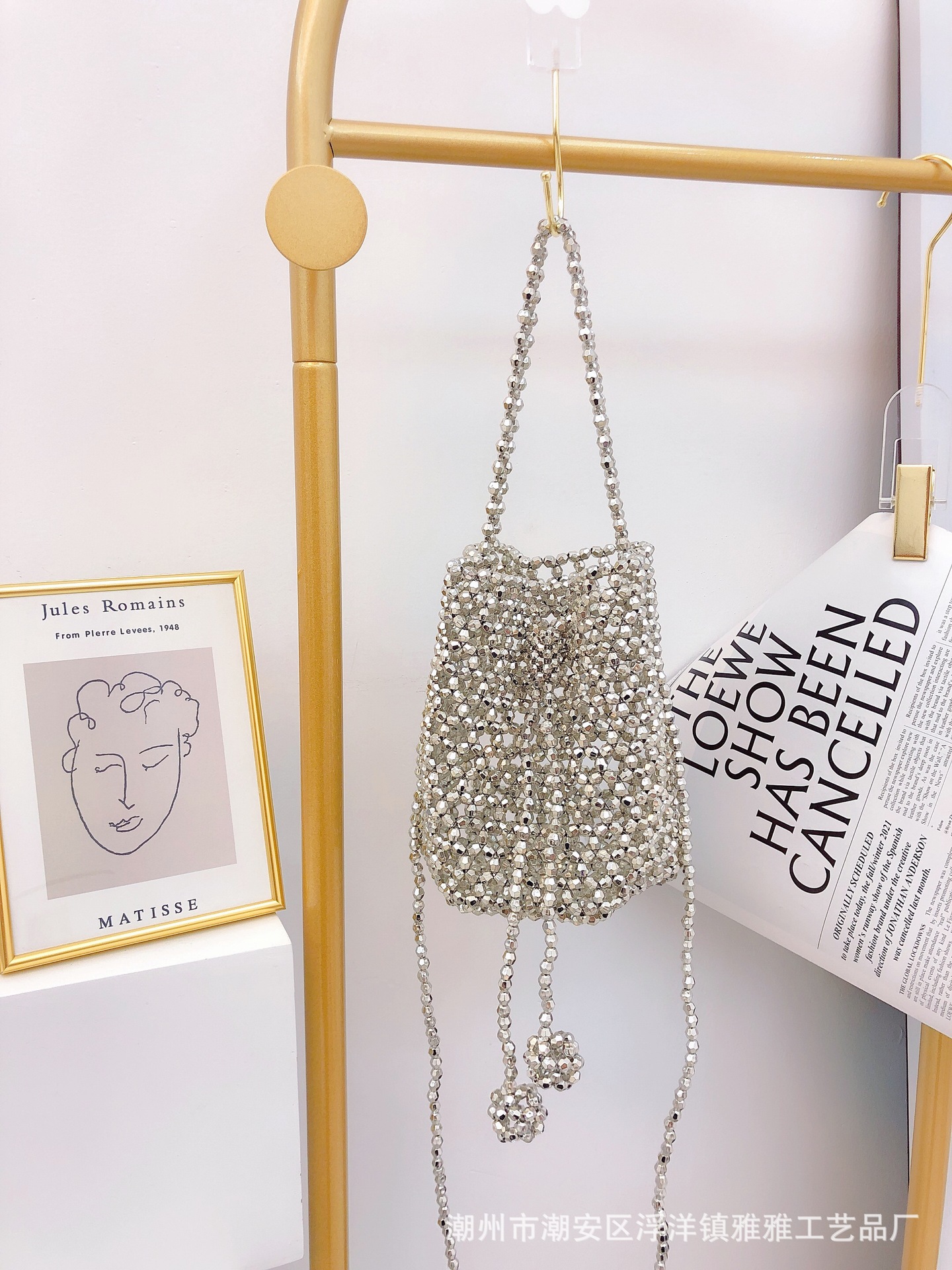 闪闪串珠水桶包手工编织包斜挎女大容量高级宴会旅游度假手拎女包