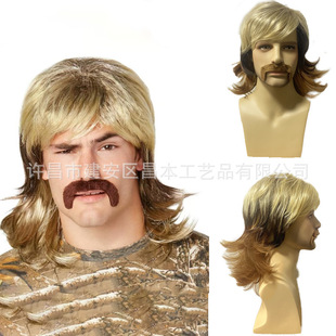 Foreign Trade New Wig Men's Flaxen Halloween Cos Wig Retro Rock Wolf Tail Wig Men Wig