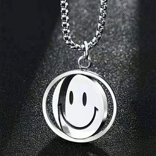 Trendy Rotating Smiling Face Necklace Hip-Hop Pendant Flipping Expression Personality unisex trendsetter Titanium Steel New Sweater Chain