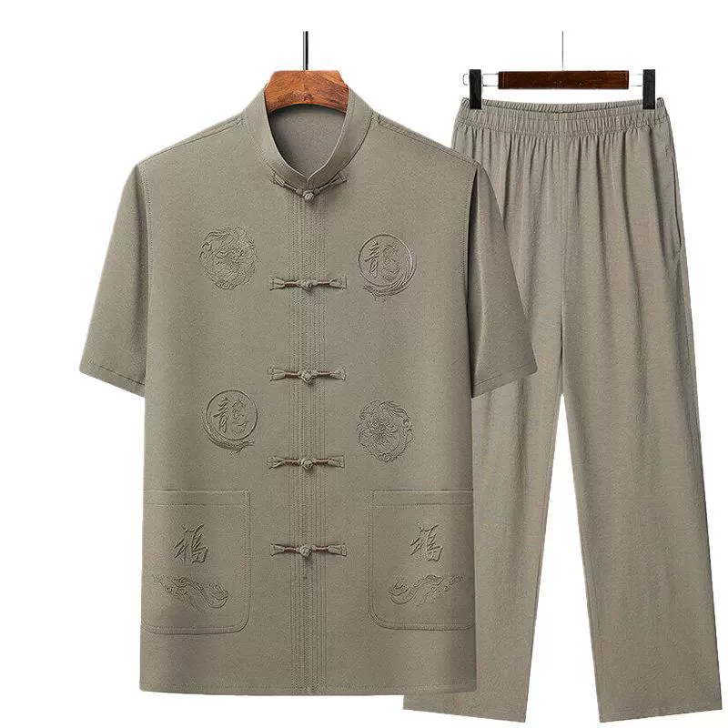 Мужская рубашка для папы, летняя хлопковая и льняная рубашка среднего и пожилого возраста с короткими рукавами, костюм Тан в китайском стиле, повседневный костюм для бабушки и пожилых людей династии Хань