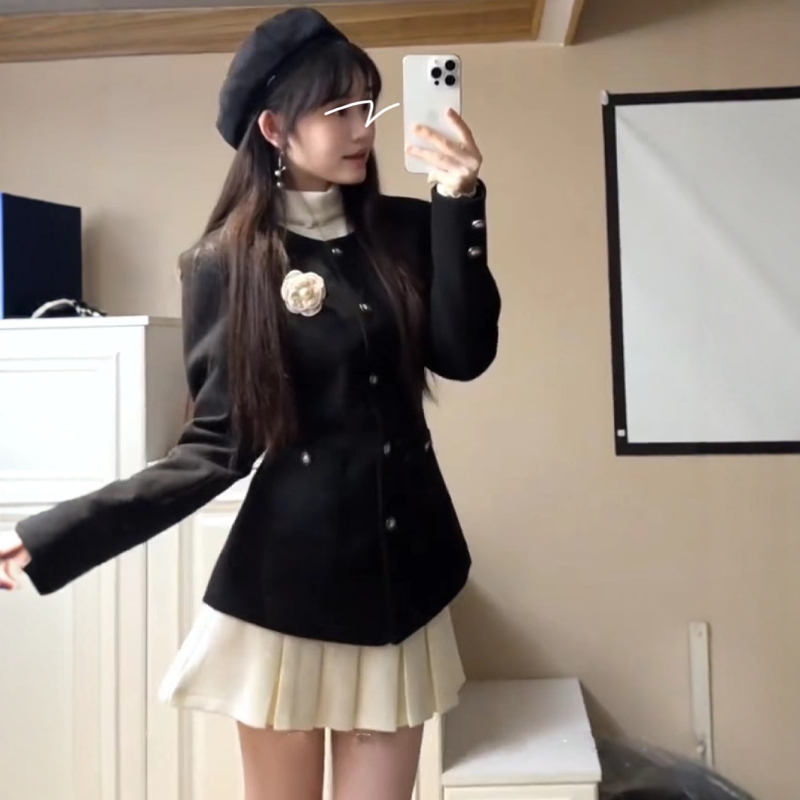 인간 동백 양모 면화 허리 재킷 주름 치마 여성 가을 겨울 새로운 부자 가족 천 골드 스타일 투피스 세트