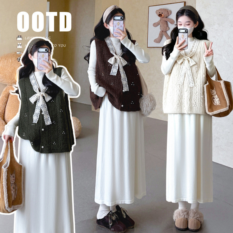 2026 Autumn/Winter Half-Turtleneck Knit Age-Reducing Maternity Dress + French Bow Knit Vest Maternity Set 2026 Autumn/Winter Half-Turtleneck Knit Age-Reducing Maternity Dress + French Bow Knit Vest Maternity Set