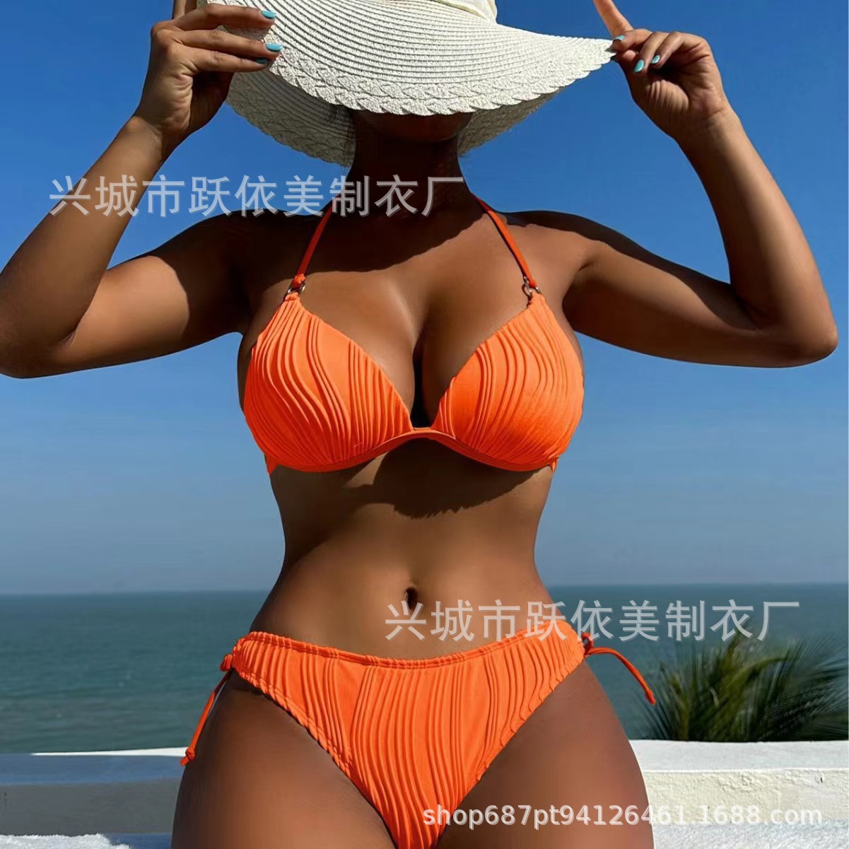 欧美新款游泳衣跨境性感分体带胸垫比基尼糖果色波浪法式三点详情24