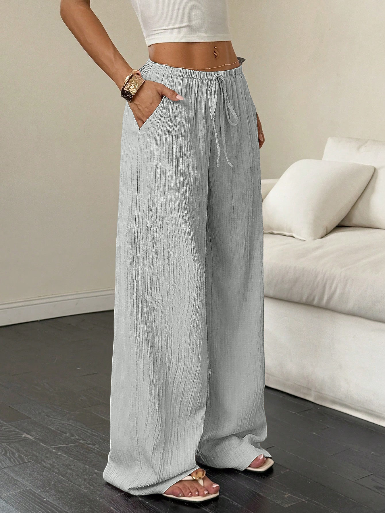 Damen Weithosen Freizeithose Mit Knotentaille Strukturstoff_voghion.com