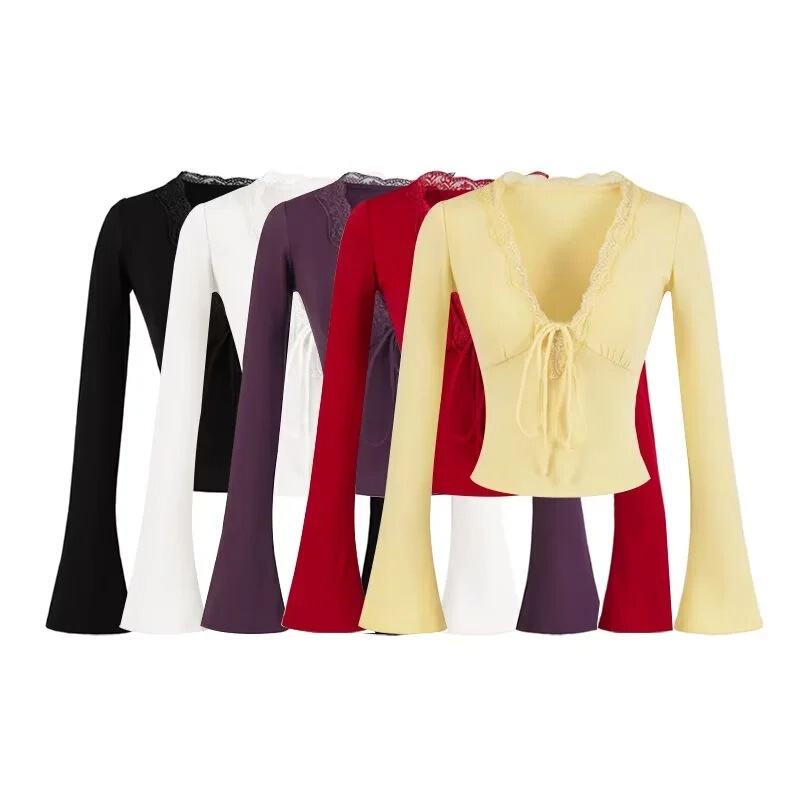 Lace Deep V Neck Lace-Up Trumpet Long-Sleeved T-Shirt for Women Retro Pure Lust Style Belt Chest Pad Sexy Top Bottoming Shirt