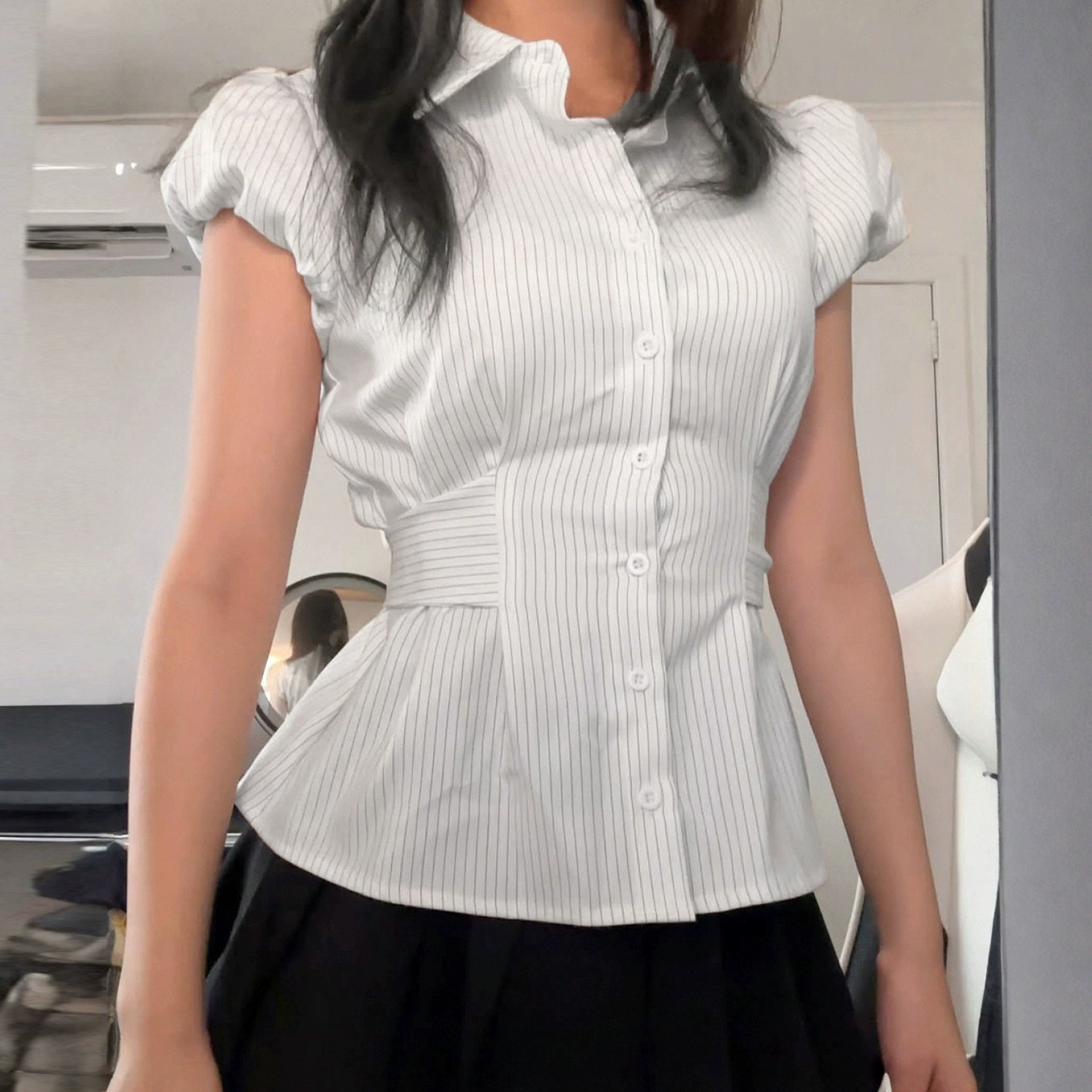 Винтажная утягивающая рубашка в студенческом стиле с завязками на талии, полосатая рубашка на пуговицах, базовый повседневный универсальный молодежный топ