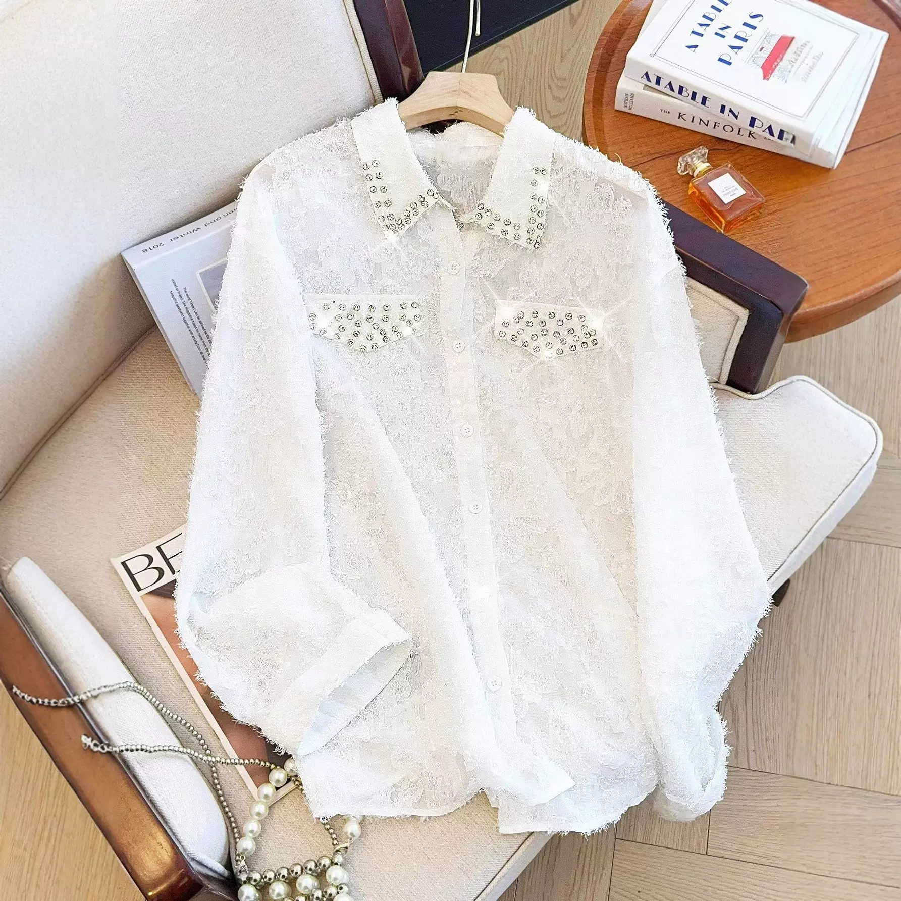 25跨境复古名媛气质钉珠polo领衬衫女设计感小众宽松泡泡袖上
