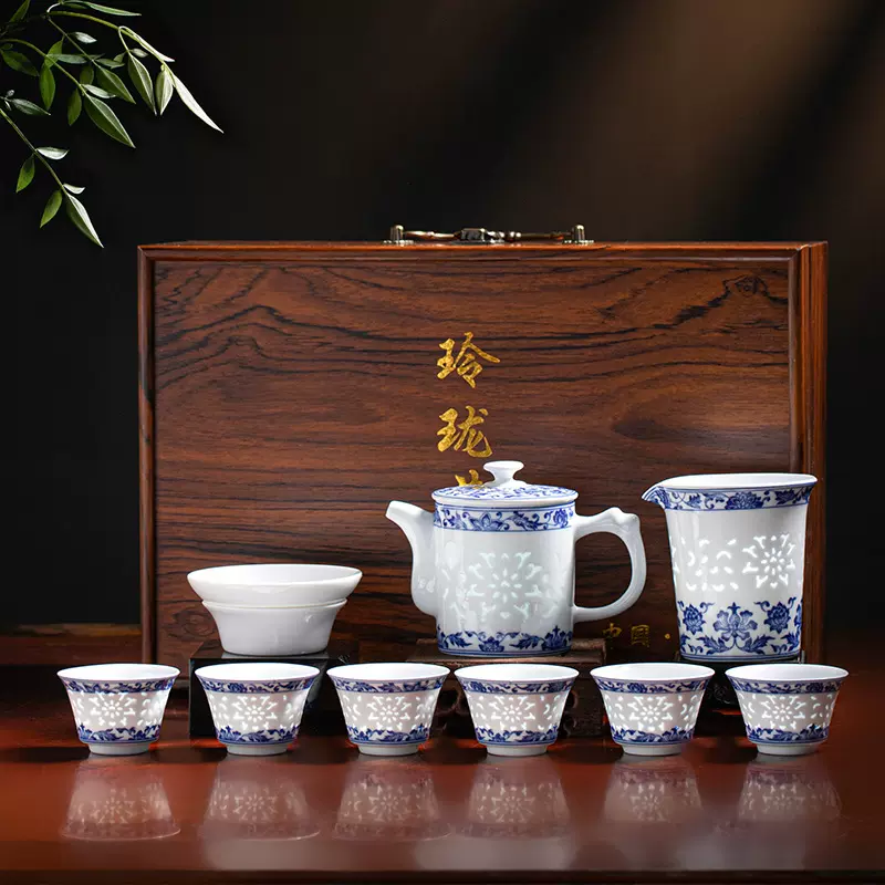 景德镇茶具套装青花瓷釉下彩玲珑功夫茶具陶瓷茶壶茶杯子套装送礼