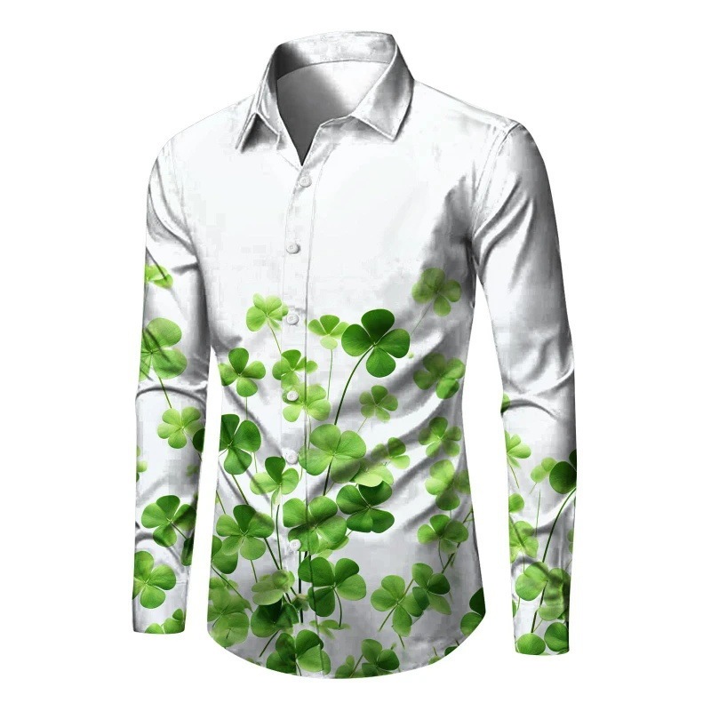 Plaid Men's Green Men's Shirt 3D Printed Top Lucky Long Sleeve Shirt Clover Casual Pattern Ready in Stock