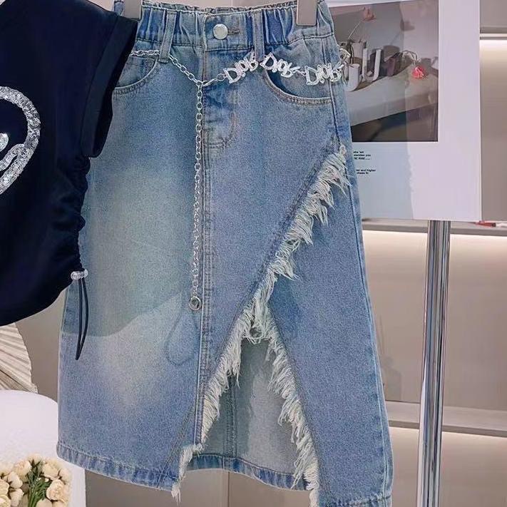 Girls' Summer Outfit 2026 New Stylish Sequin Heart Short-Sleeve Top with Denim Skirt Two-Piece Set Trendy