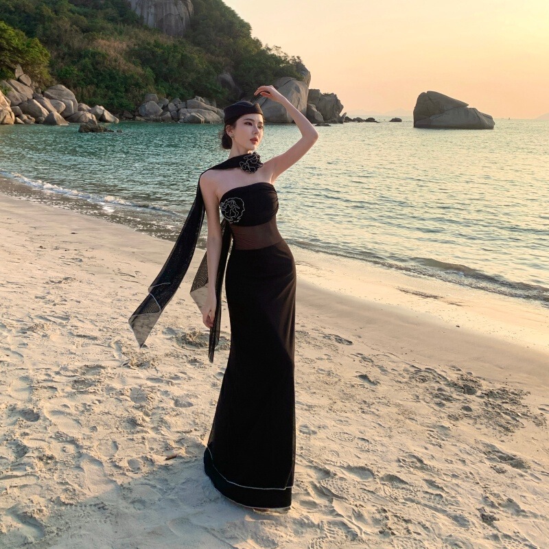 Beautiful Evening Dress for Important Occasions, Black Sheer Strapless Dress, Pure and Sexy Atmosphere, Elegant Long Dress for Women Beautiful Evening Dress for Important Occasions, Black Sheer Strapless Dress, Pure and Sexy Atmosphere, Elegant Long Dress for Women