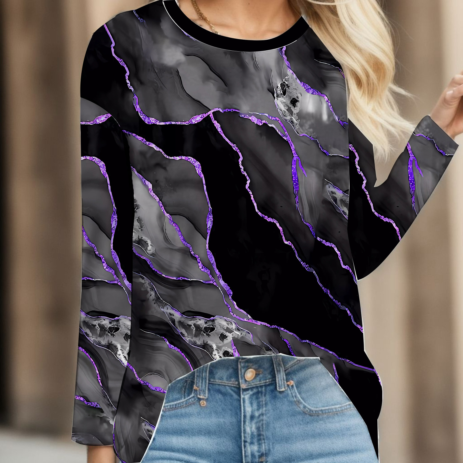 Transfronterizo otoño e invierno nuevas señoras casual cuello redondo Pascua impresión digital casual suelto cuello redondo suéter de manga larga para mujer