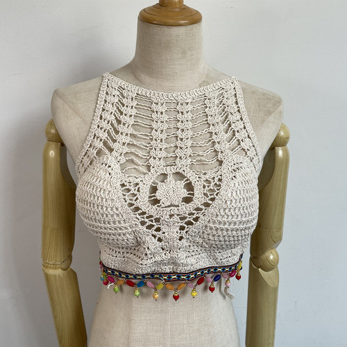 Beading Ethnic Style Strapless Backless Top for Beach Vacation, Adjustable Neck Cord, Lacy Weave, Trendy Off-the-Shoulder Blouse