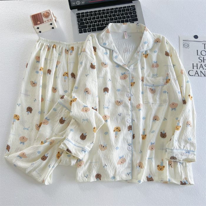 Pijamas al por mayor transfronterizos para mujer traje de algodón de nube de manga larga de otoño de dibujos animados lindo cárdigan de alta gama solapa servicio a domicilio