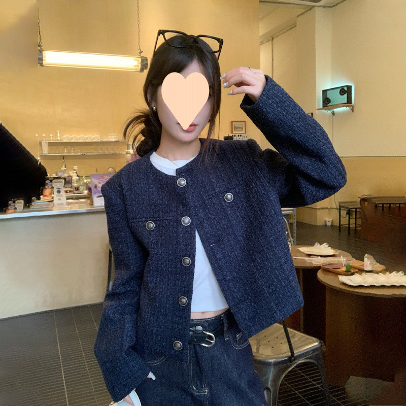 Blue Tibetan Short Women's Chanel Style Outerwear 2025 Autumn/Winter Single Button Retro New High-Grade Loose Long Sleeve Top