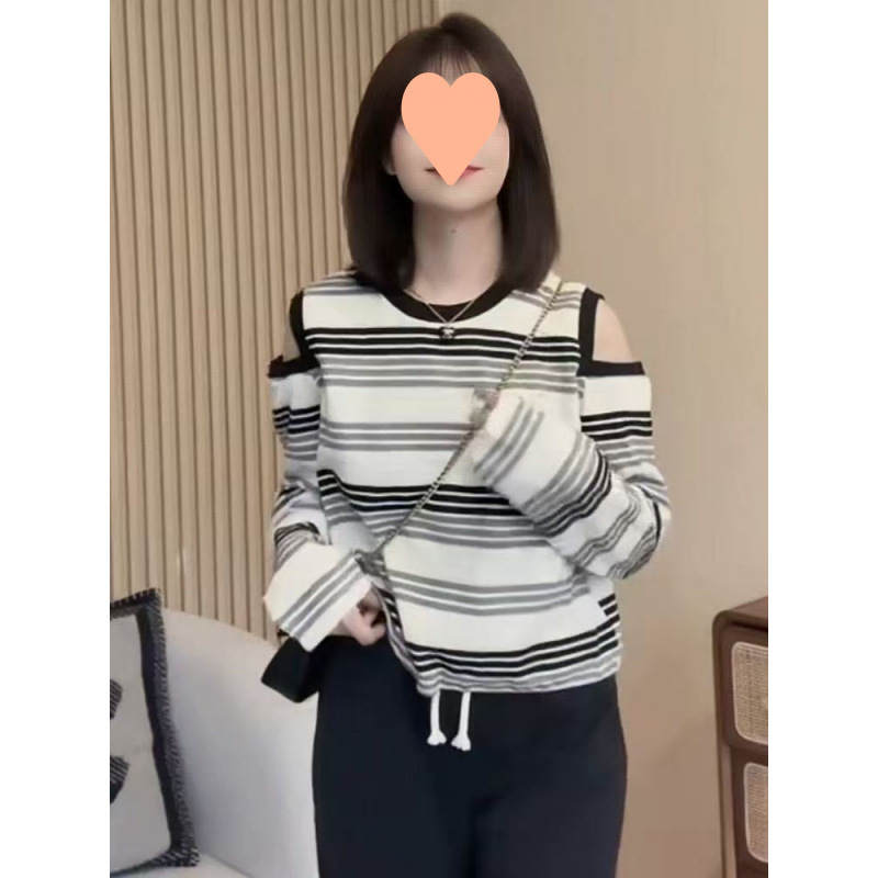 条纹露肩长袖T恤女2025新款爆款早秋季设计感独特漂亮超好看上衣|undefined