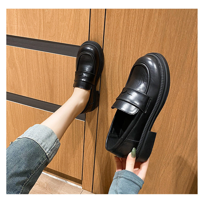 Giày lười nữ đế dày kiểu Anh cổ thấp mũi tròn gót thô 3-5 cm — Màu nâu, Màu đen chi tiết 17