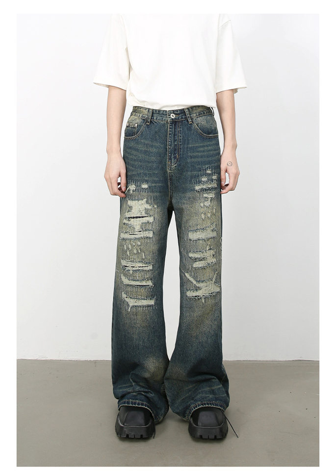 Quần jean nam ống rộng denim rách giặt cũ phong cách đường phố — Màu xanh lam, Đen xám chi tiết 4