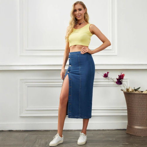 European and American women's multi-button stretch denim long skirt