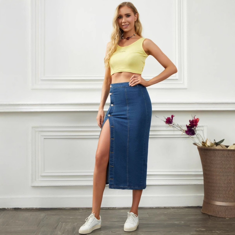 Amazon Aliexpress Cross-Border European and American Women's Multi-Button Stretch Denim Long Skirt