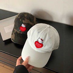 可爱刺绣爱心迷彩kitty猫棒球帽女软顶大头围户外韩国街头鸭舌帽