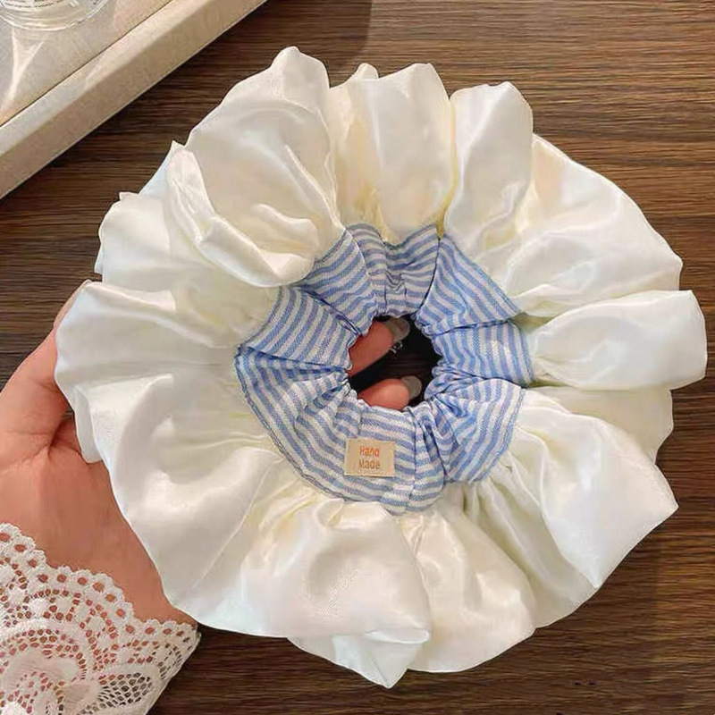 超大奶油缎面花边大肠发圈女芭蕾风蓝条纹氛围感发绳头花头绳发饰|undefined