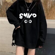 黑色棉圆领卫衣女大童秋冬加绒加厚初中学院风百搭宽松上衣