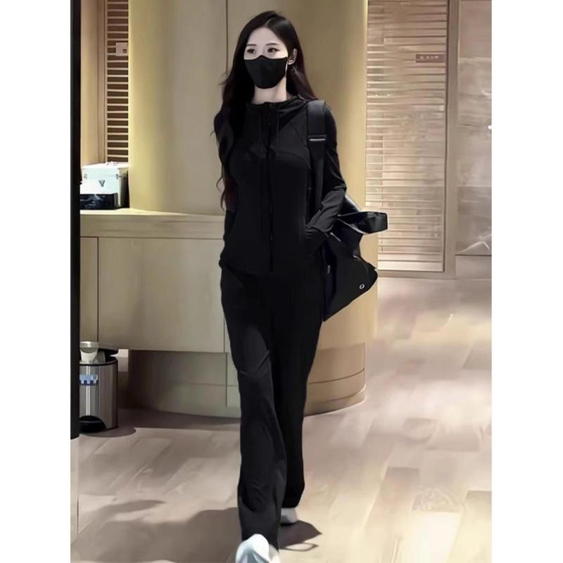 黑色休闲运动套装女健身瑜伽跑步速干防晒外套长裤秋装搭配一整套|undefined