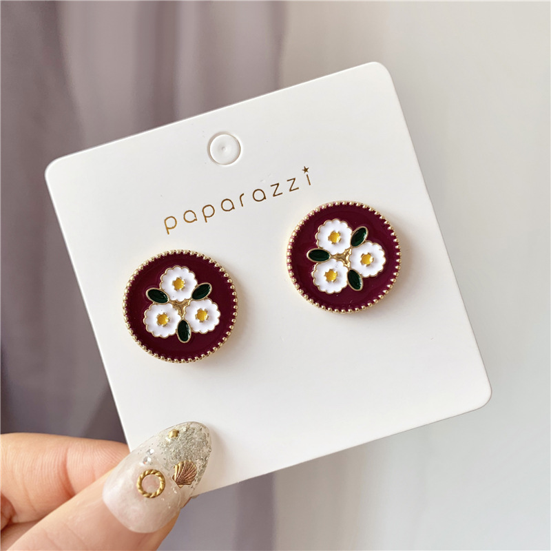 Earrings, Ear Studs Classification Retro Feelings Drop Oil Wine Red Hyuna White Flower Round Earrings