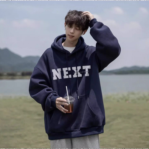 Men's Hooded Sweatshirt with Fleece, Autumn/Winter, Hong Kong Style, Loose Fit, Trendy Brand, Letter Print, Versatile Outerwear