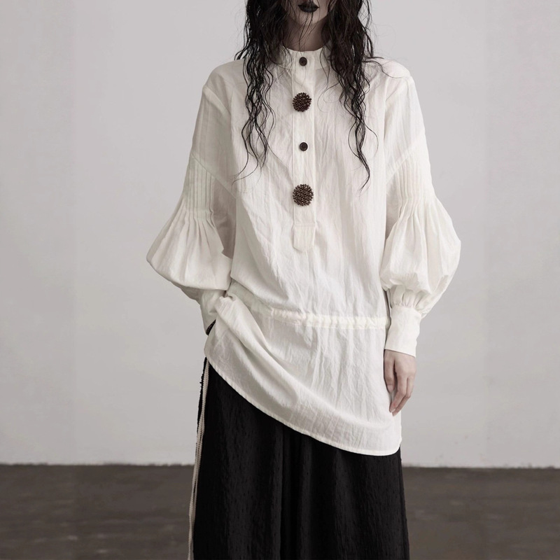 Qianqianzhi White Drawstring Retro Tencel Cotton Long Sleeve Shirt Women's Autumn Casual Top T-Shirt