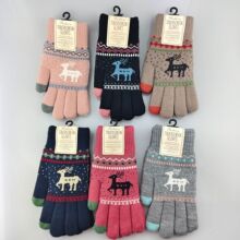 冬季触屏手套双层加厚加绒保暖男女士毛线手套小鹿提花针织手套