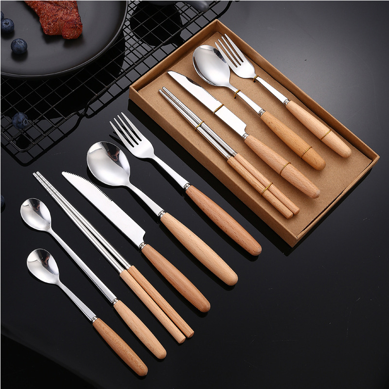 Cuchillo de carne japonés de acero inoxidable mango de madera transfronteriza, tenedor, cuchara palillos cuchara de postre regalo de cuatro piezas traje de vajilla portátil