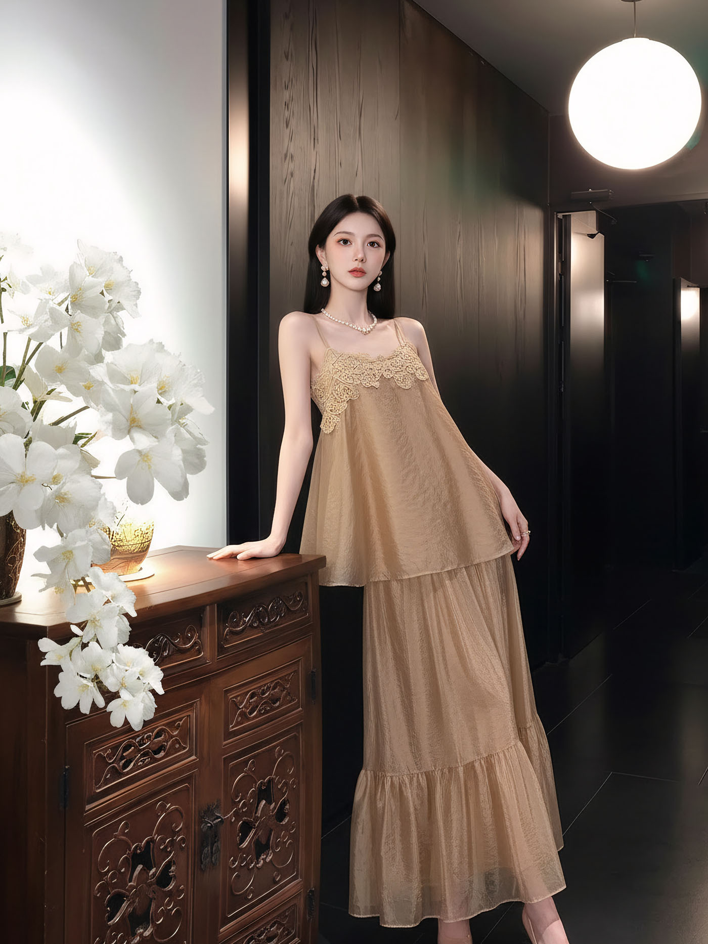 Bộ váy đầm maxi nữ thắt eo phong cách tân cổ điển Trung Hoa sang trọng — nửa váy, Trang chủ