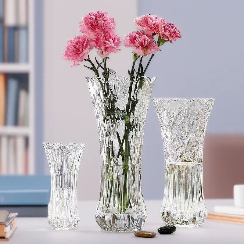 Wholesale Thickened Simple Large-Mouth Crystal Glass Vase Living Room Dining Table Rich Bamboo Flowers Petal Mouth Pressed Ornaments