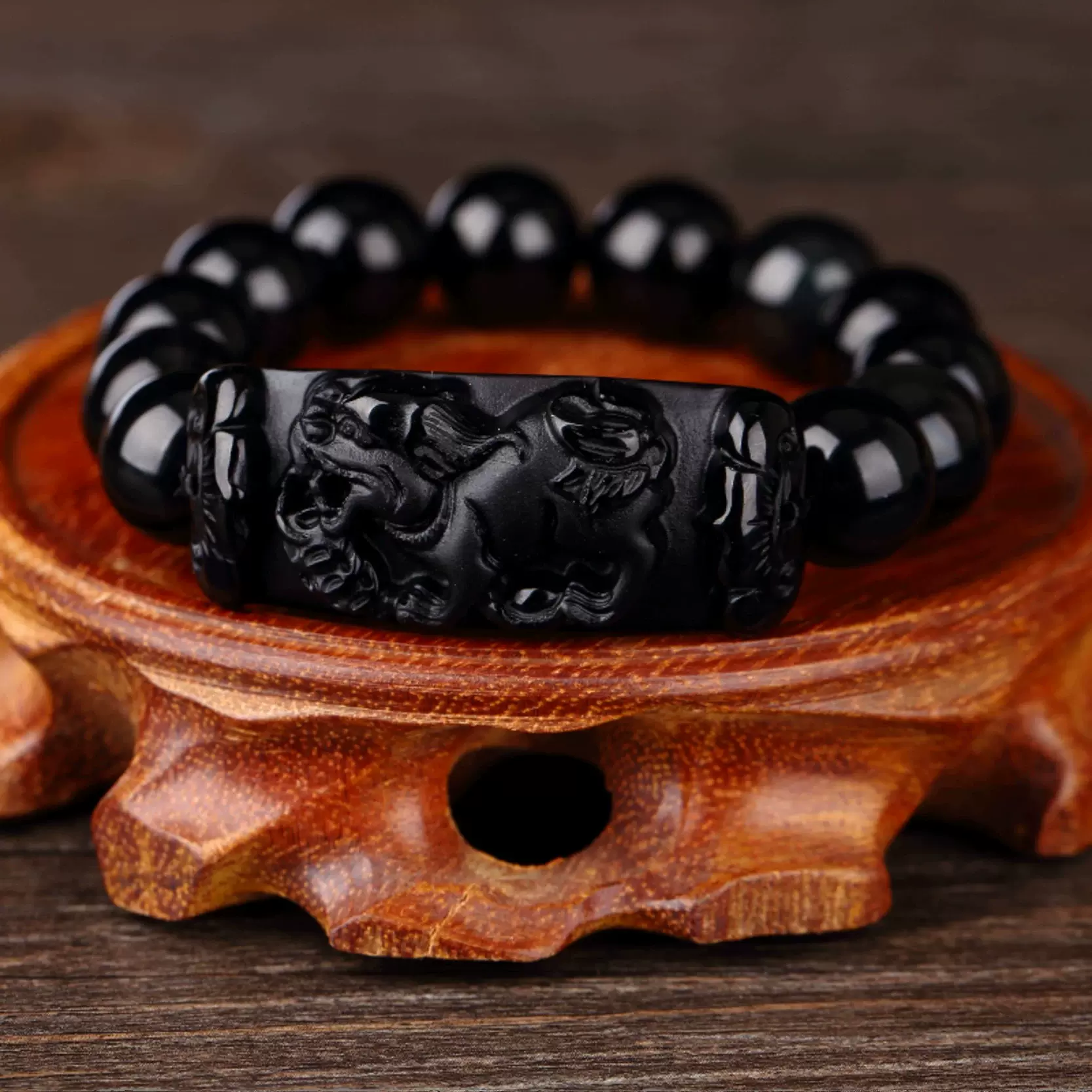 龙马珠宝本命年天然彩虹眼黑曜石磨砂瑞麟保泰手链麒麟手串男貔貅