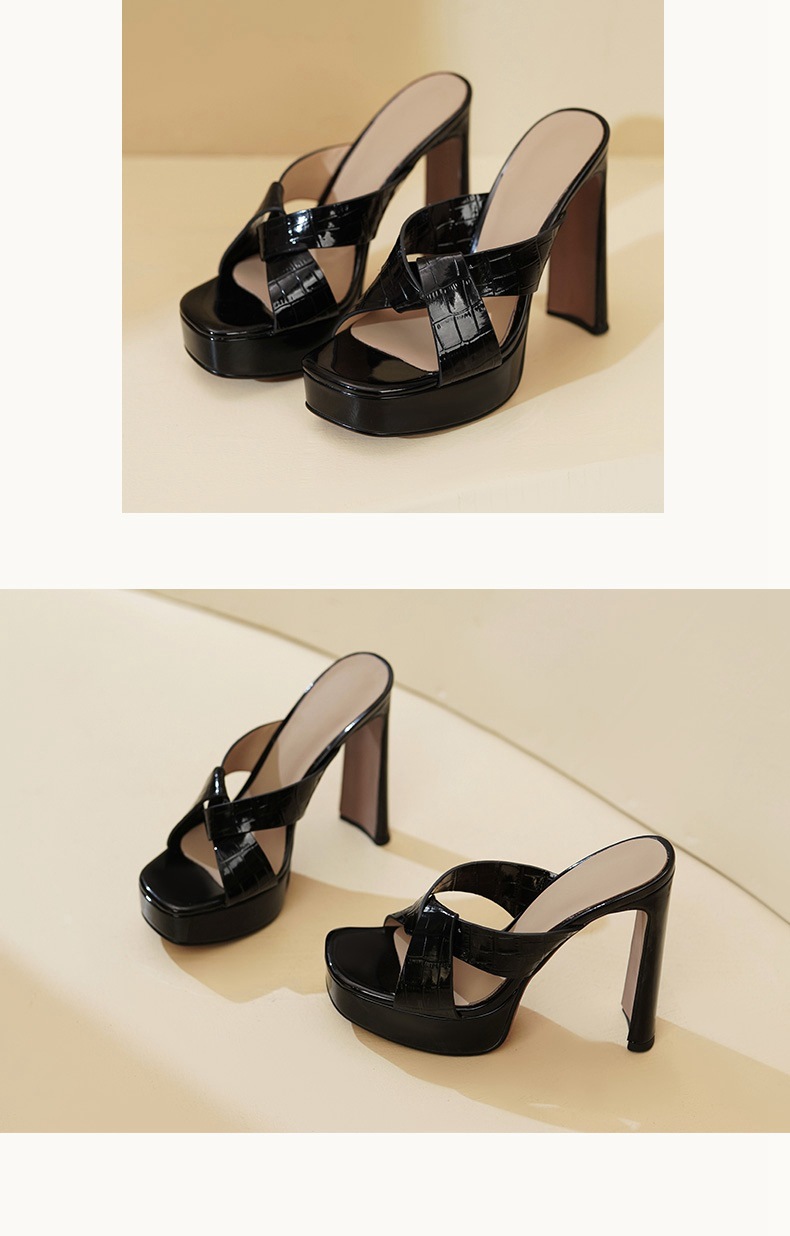 Sandal cao gót nữ hở mũi da bò gót thô 13,5 cm — đen chi tiết 6