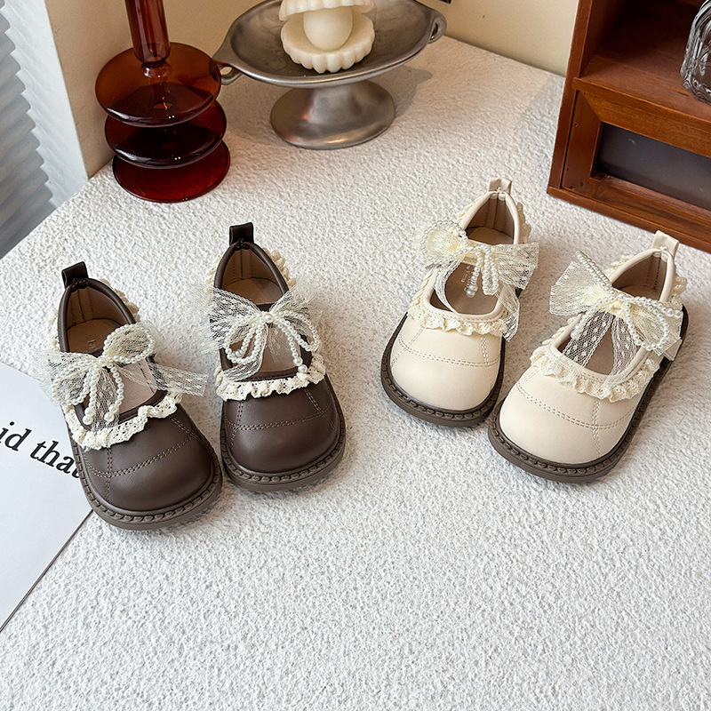 Spring and Autumn New Style Girls' Leather Shoes Korean Style Children's Bow Lace Pearl Lace Girls' Princess Shoes