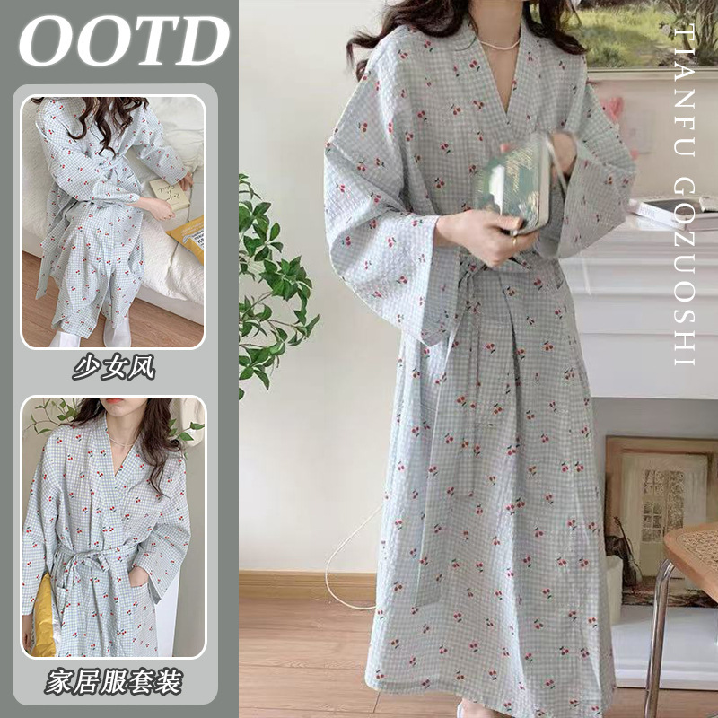 [Cotton] Women's Spring and Autumn New Long-Sleeve Nightgown with Blue Checkered Cherry Pattern, Long Bathrobe with Belt, Elegant Style