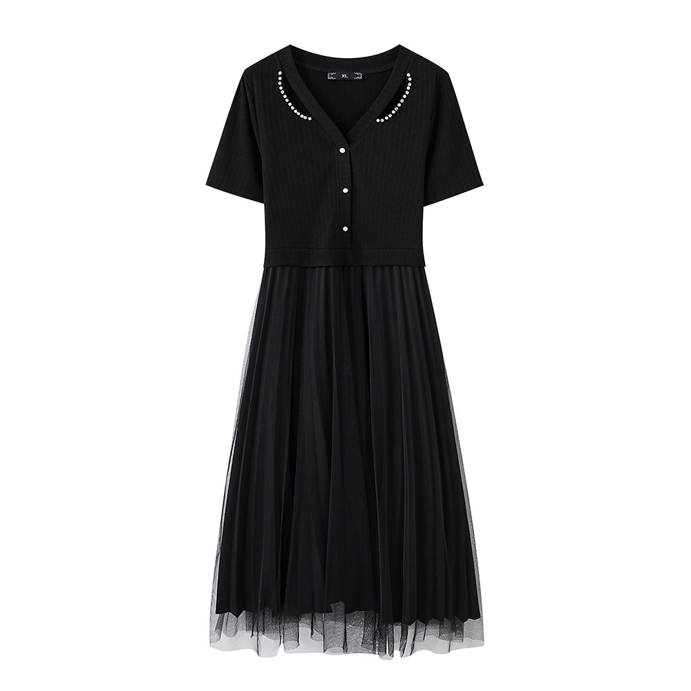 대형 여성 기질 V-목 가짜 투피스 뚱뚱한 여동생을 원피스 맞춤형 니트 패션 구슬 처리