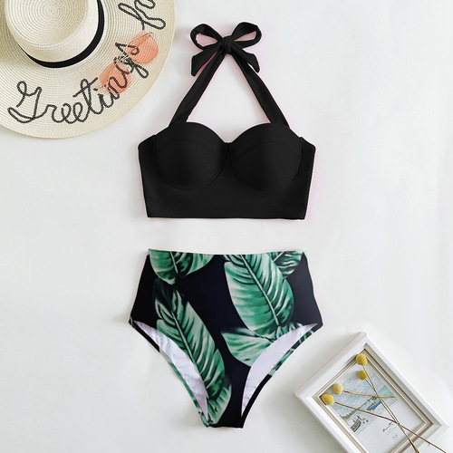 New European and American-style two-piece steel-boned push-up solid-color bikini swimwear—high-waisted, modesty-enhancing biquini that subtly covers the midriff.