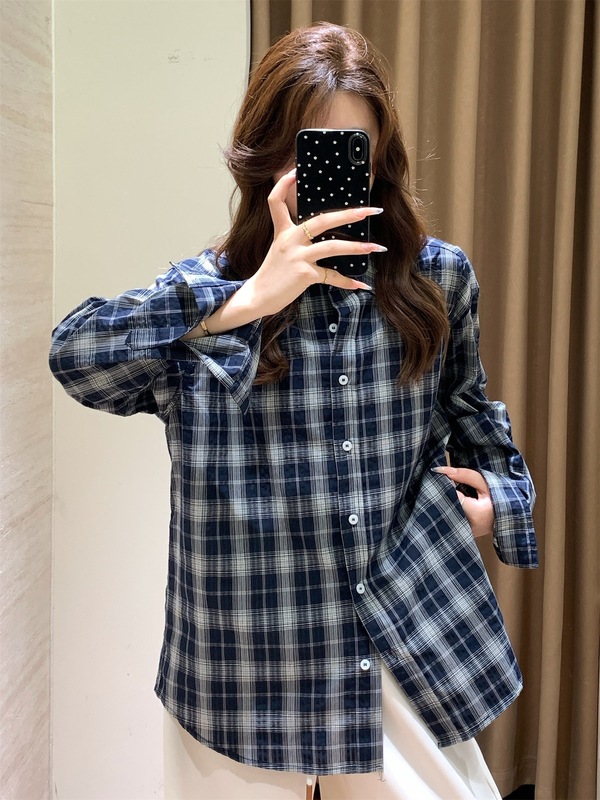 朵妮 DN红人店同款！美式复古松弛感翻领水洗纯棉格纹长袖衬衫女|undefined
