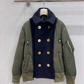 25秋冬新款 双排扣拼接羽绒服，军绿色尼龙羽绒面