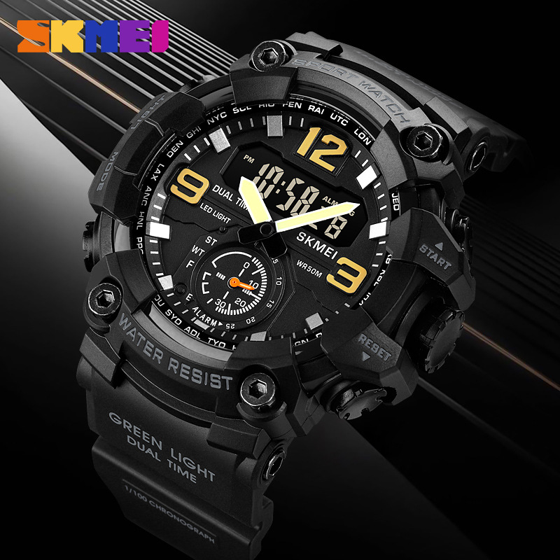 Skmei multifuncional de doble movimiento deportivo reloj electrónico de los hombres de sincronización luminosa reloj de moda 1965