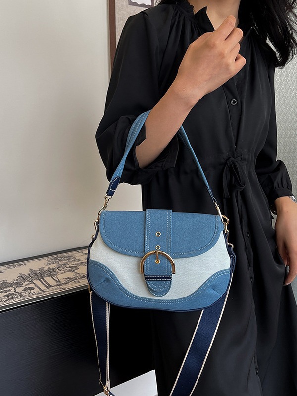Jean color contrastante bolso de silla de costura mujer 2024 nuevo estilo transfronterizo de alta calidad retro monocommutador mochila de hombro